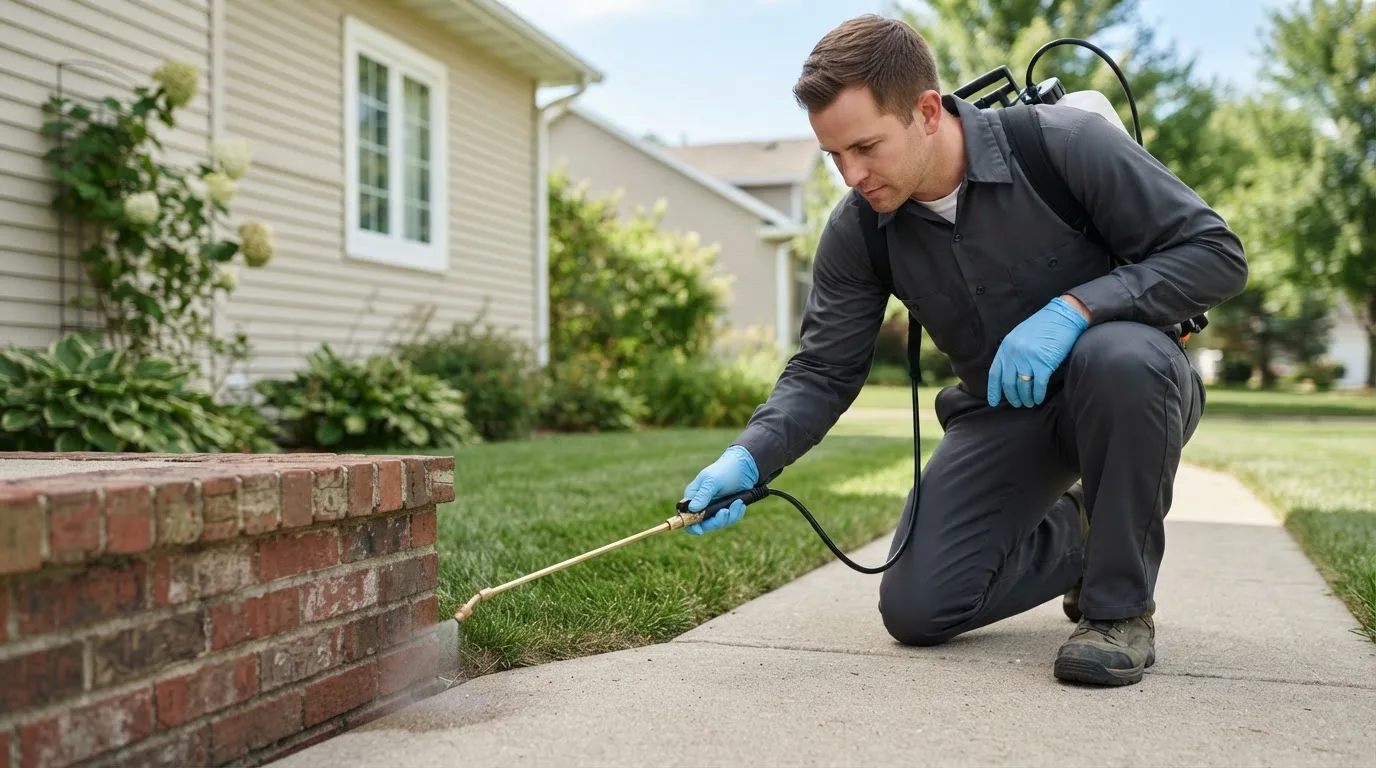 Pest control technician treating a home near West Yarmouth, MA